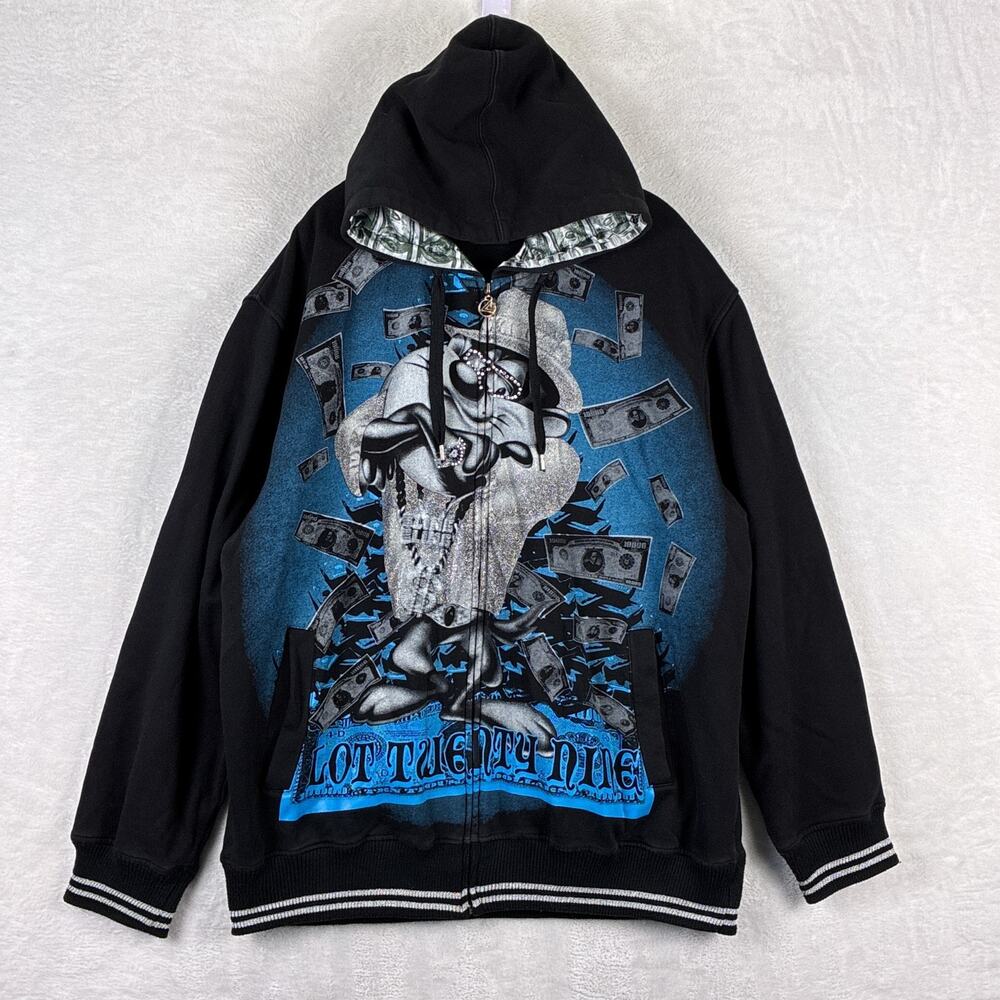 VTG Lot 29 Loony Tunes Hoodie Mens 2XL Black Taz Full Zip Bling Money Hip Hop
